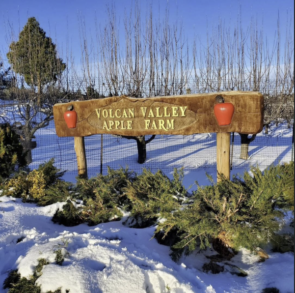 Volcan Valley Apple Farm entrance sign in winter snow